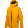 Gelbe Kapuzenjacke mit durchgehendem schwarzem Reißverschluss, seitlichen Reißverschlusstaschen und kleinem Logo auf der Brust