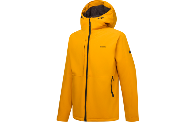 Gelbe Kapuzenjacke mit durchgehendem schwarzem Reißverschluss, seitlichen Reißverschlusstaschen und kleinem Logo auf der Brust