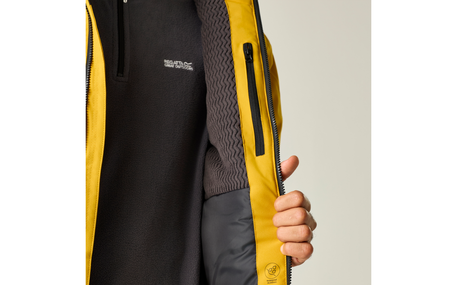Hand hält eine aufgeklappte gelbe Jacke; darunter dunkelgraue Fleecejacke mit weißem Logo; sichtbarer Innenreißverschluss
