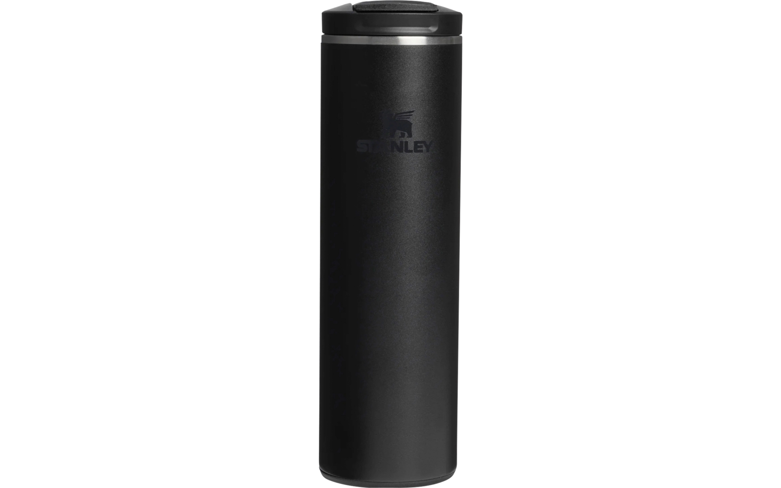 Schwarzer zylindrischer Trinkbecher mit Deckel und Stanley-Logo