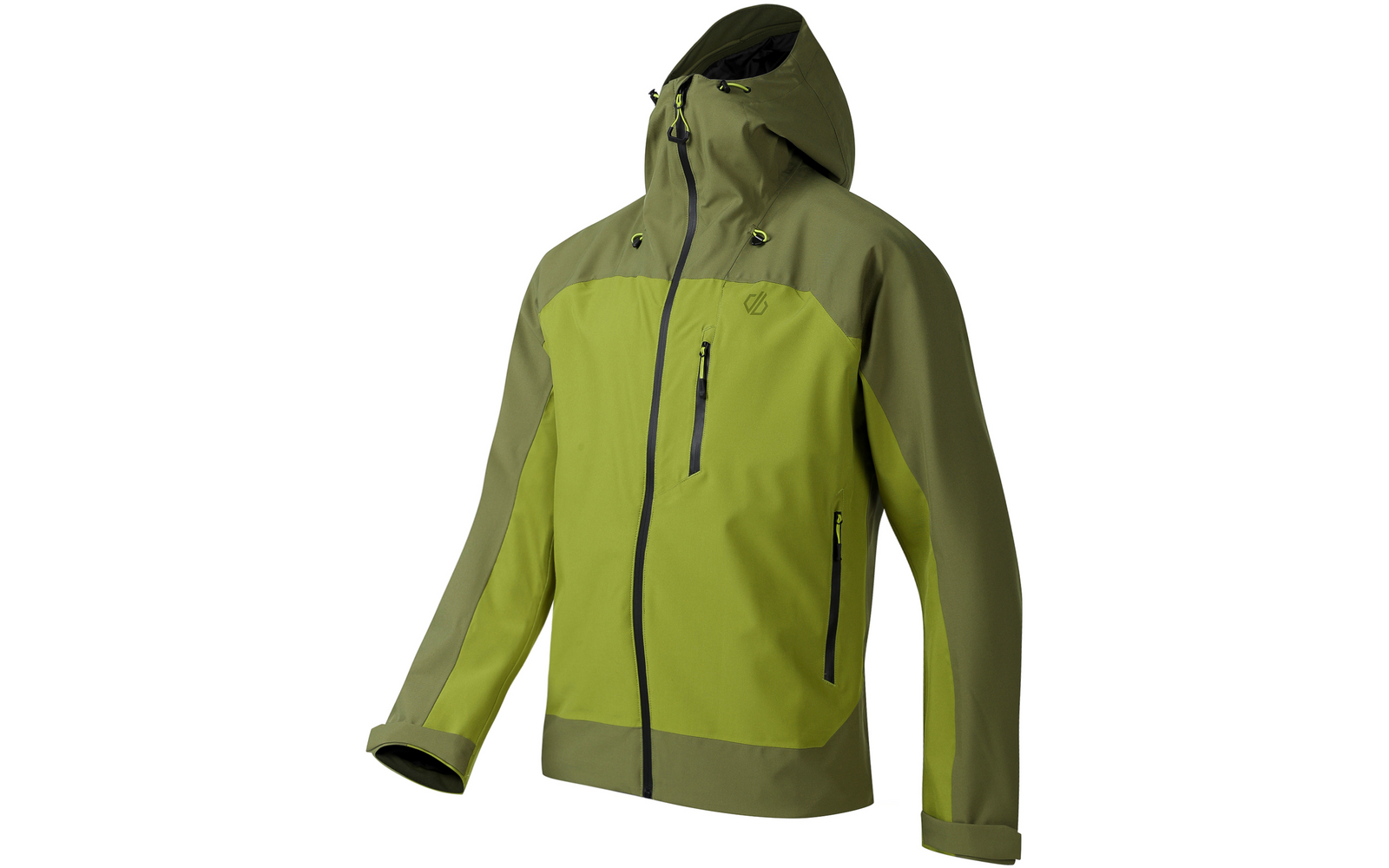Grün-olivfarbene Kapuzenjacke mit Frontreißverschluss, vertikaler Brusttasche mit Reißverschluss, zwei seitlichen Reißverschlusstaschen, langen Ärmeln mit verstellbaren Bündchen und sichtbarem Logo auf der Brust, freigestellt vor weißem Hintergrund