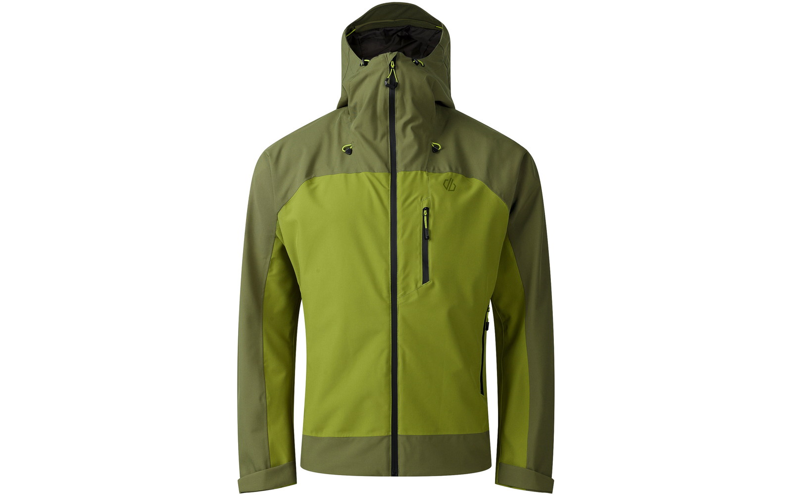 Zweifarbige grüne Kapuzenjacke mit durchgehendem Reißverschluss, Brust-Reißverschlusstasche, zwei Seiten-Reißverschlusstaschen und langen Ärmeln