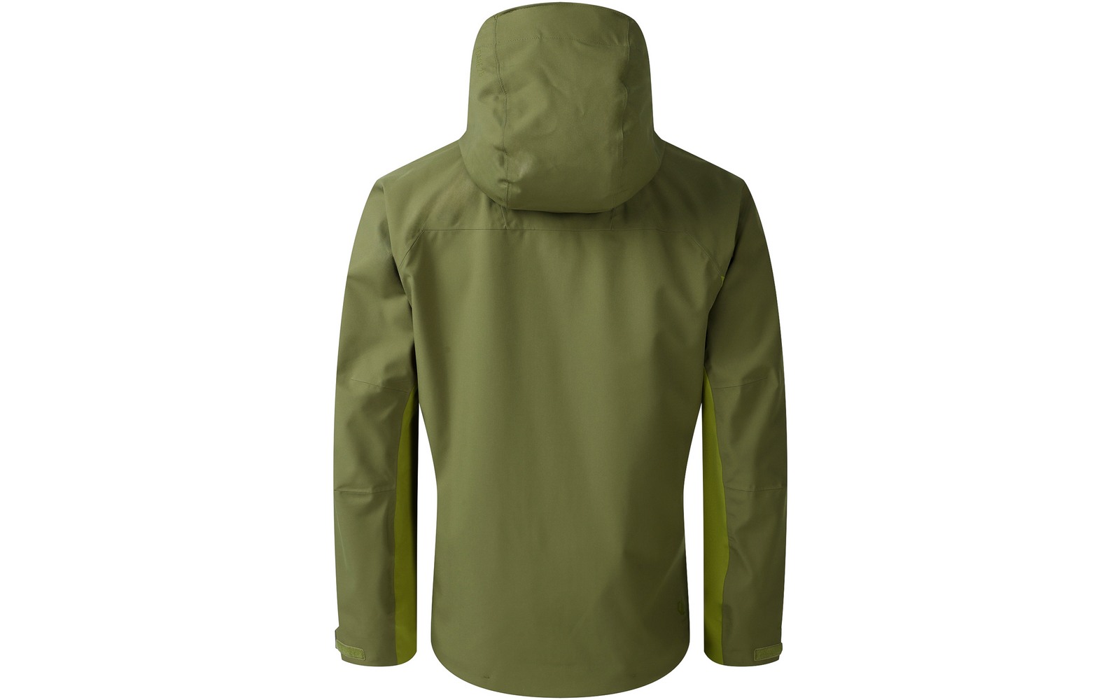 Rückansicht einer olivgrünen Jacke mit Kapuze, langen Ärmeln, Schulternaht, mittiger Rückennaht, verstellbaren Klettverschlüssen an den Ärmelenden und rundem Detail unten rechts
