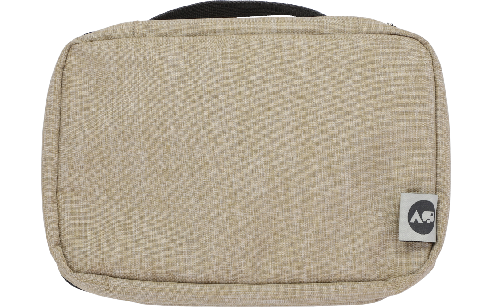 Beige rechthoekige tas met zwarte handgreep, afmetingen 24,5 cm breed, 19 cm hoog en 7 cm diep