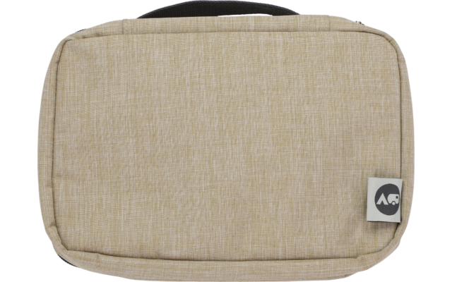 Beige rechthoekige tas met zwarte handgreep, afmetingen 24,5 cm breed, 19 cm hoog en 7 cm diep