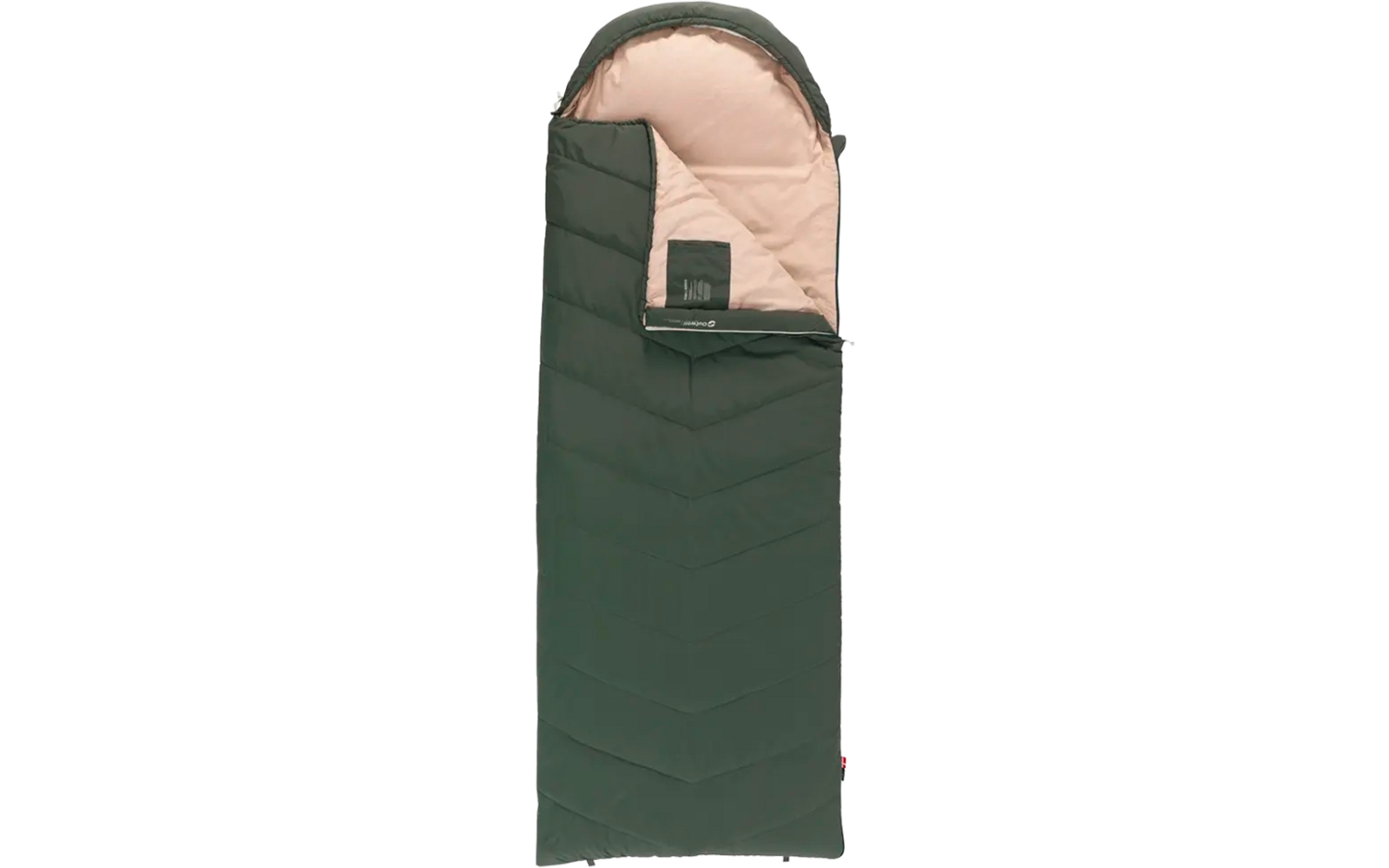 Groene slaapzak met lichtgekleurde binnenkant, gedeeltelijk open
