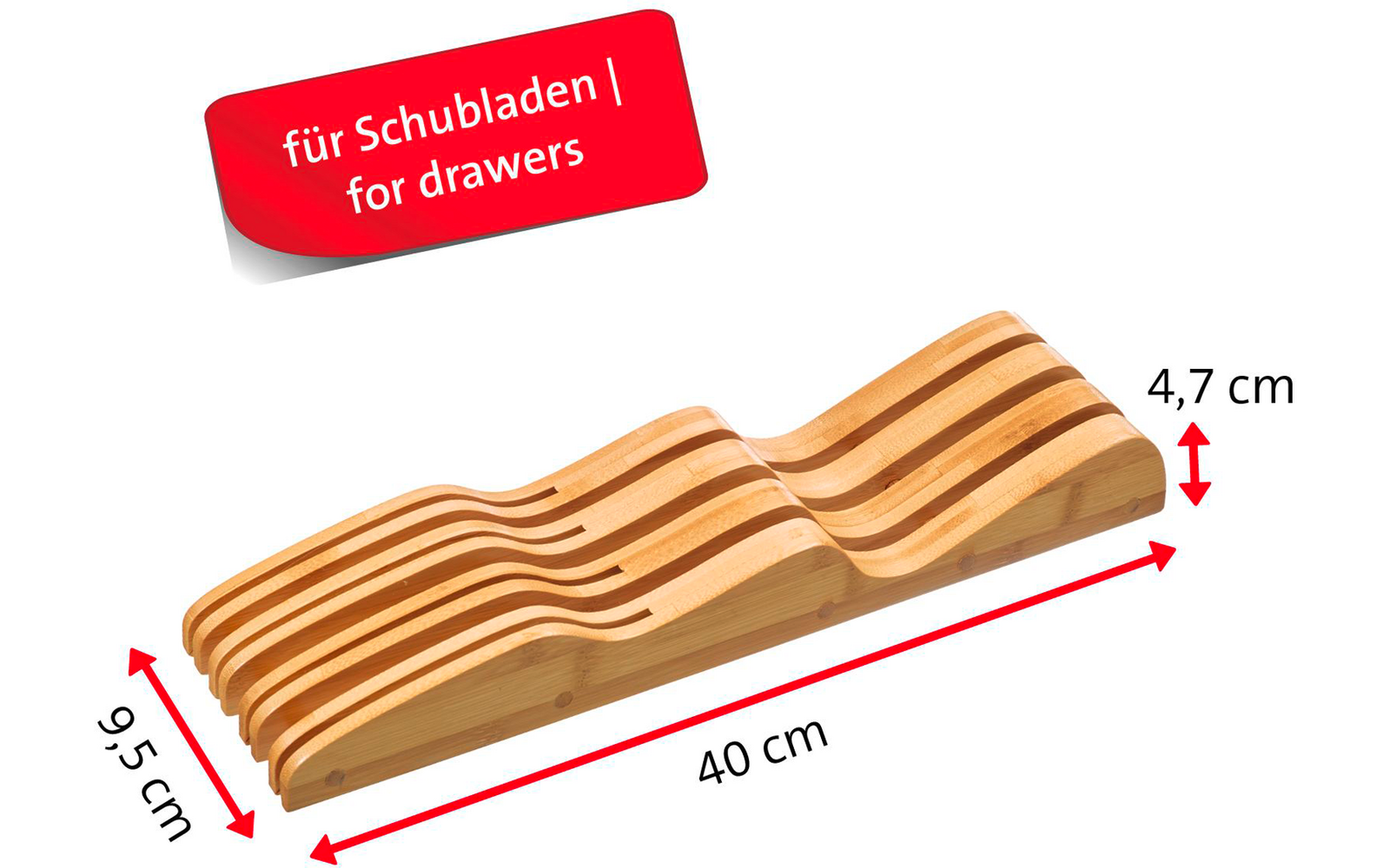 Objet en bois ondulé avec plusieurs compartiments côte à côte ; étiquette rouge « für Schubladen | for drawers » ; flèches de mesure rouges indiquant « 9,5 cm », « 40 cm » et « 4,7 cm »