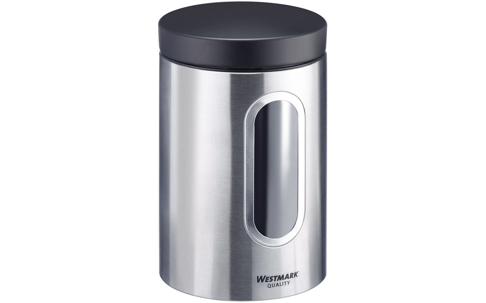 Boîte cylindrique en acier inoxydable avec couvercle noir, fenêtre ovale verticale et inscription 'Westmark Quality' en bas