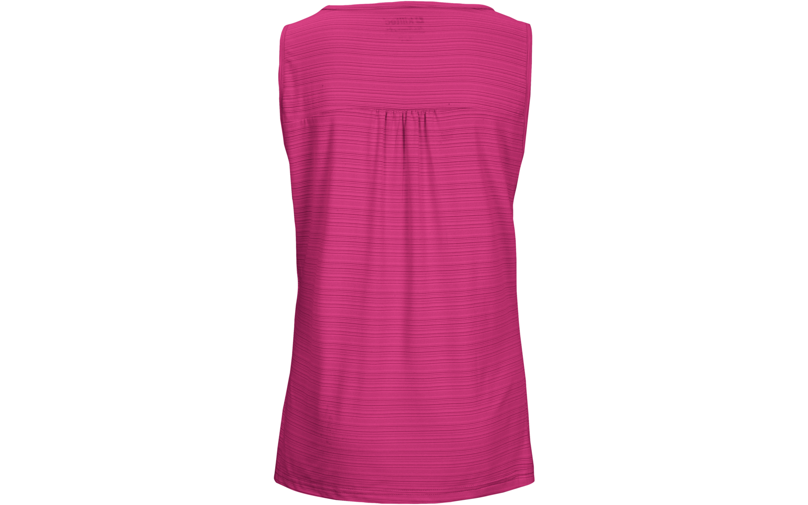 Rückansicht eines ärmellosen pinken Oberteils mit feinen horizontalen Streifen und kleiner Falte am oberen Rücken