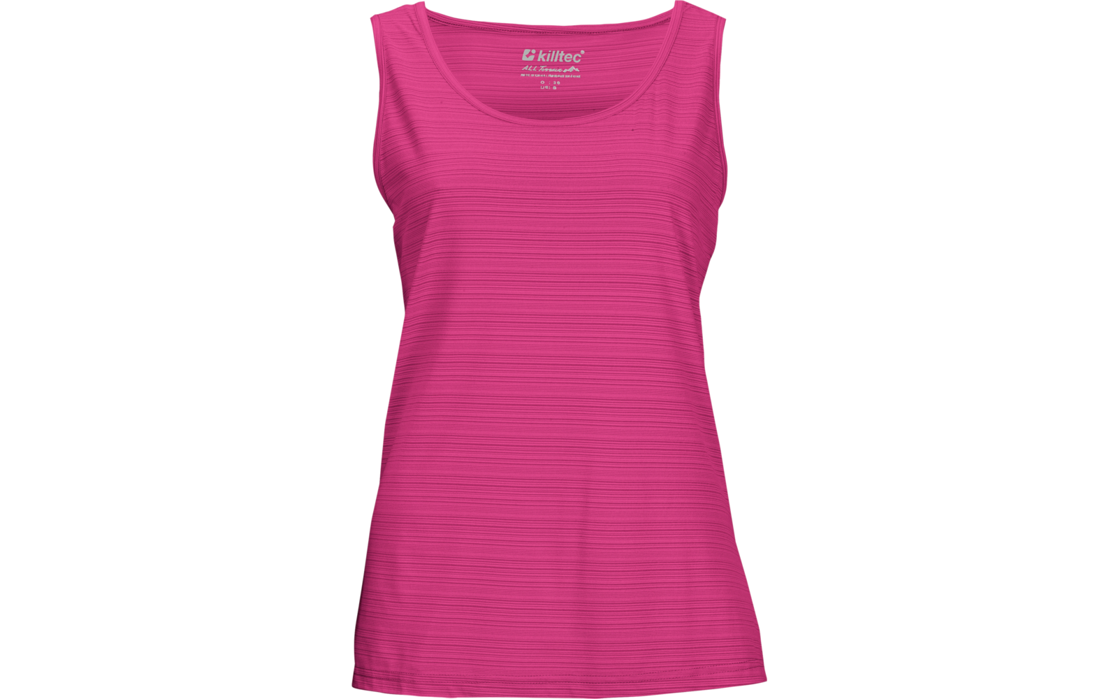 Pinkfarbenes ärmelloses Top mit rundem Ausschnitt und feiner horizontaler Streifenstruktur, Markenlogo innen am Kragen sichtbar