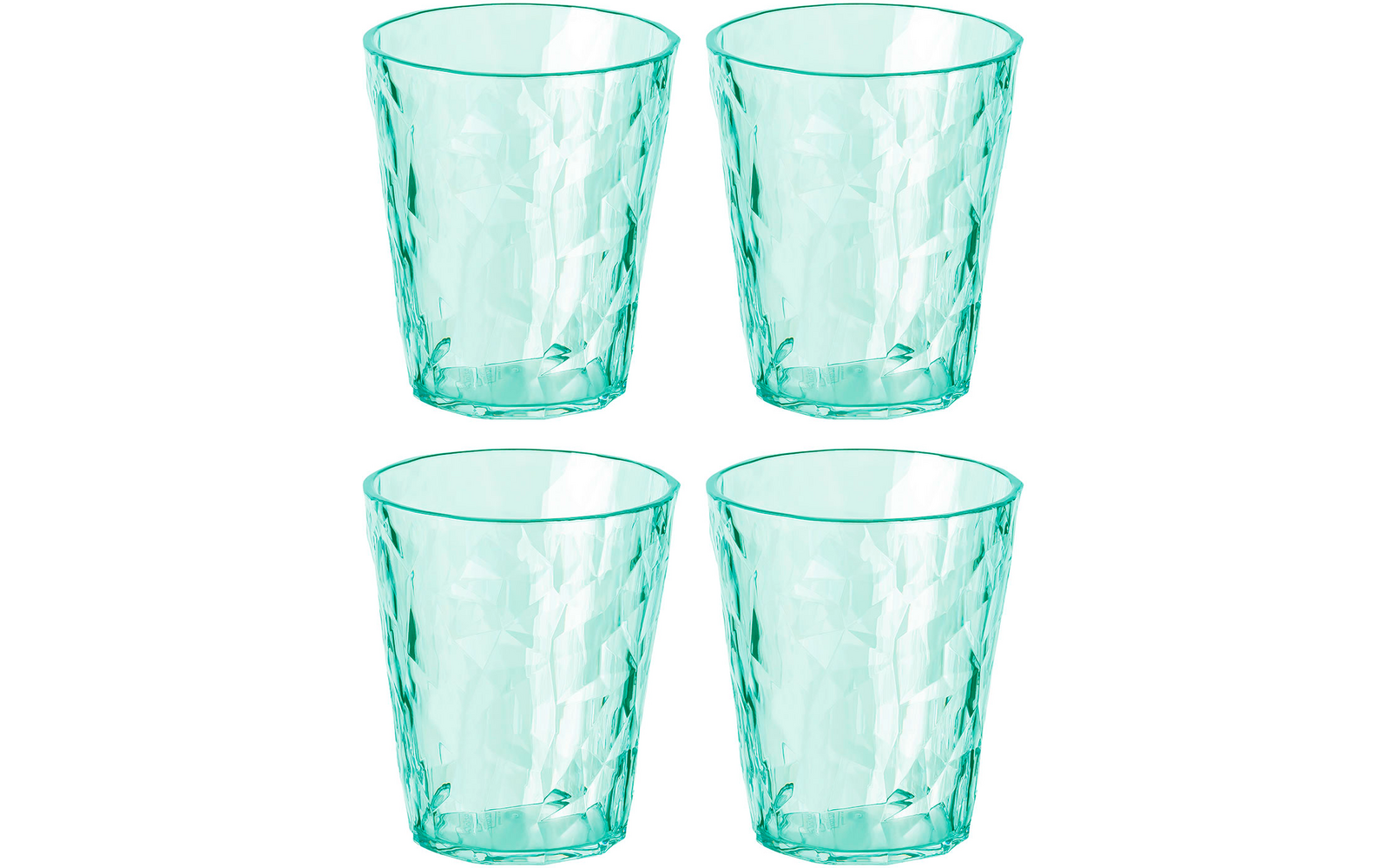 Vier doorzichtige glazen met een groene tint, van voren zichtbaar