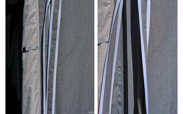 Gros plan en deux parties de panneaux de tissu gris avec de fines bandes bleu clair et une étroite fente sombre entre eux ; à gauche une sangle avec boucle