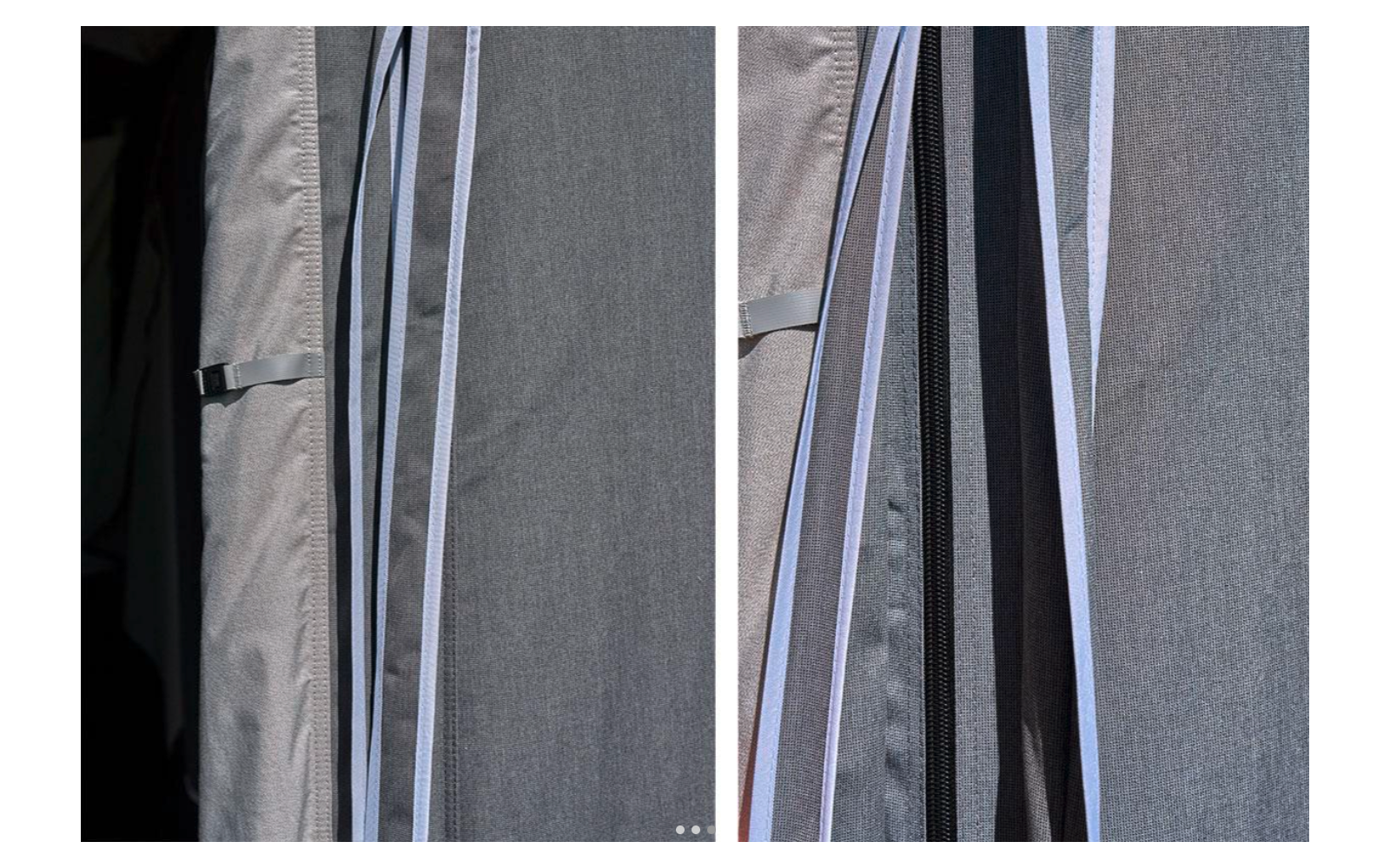Gros plan en deux parties de panneaux de tissu gris avec de fines bandes bleu clair et une étroite fente sombre entre eux ; à gauche une sangle avec boucle