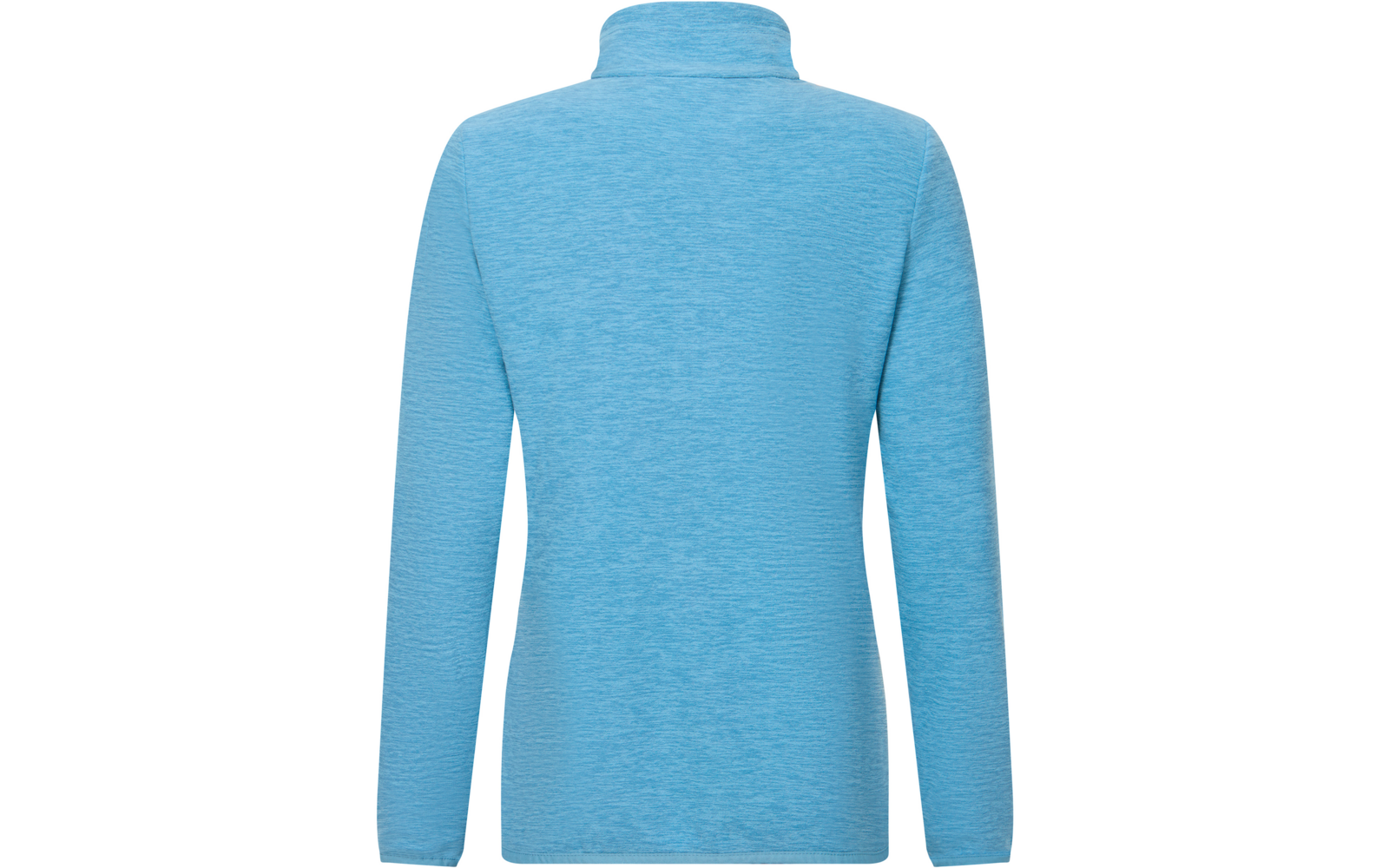 Veduta posteriore di un maglione azzurro chiaro a maniche lunghe con collo alto su sfondo bianco