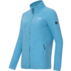 Giacca in pile azzurro chiaro a maniche lunghe con collo alto, cerniera frontale completa, due tasche laterali con zip, tessuto dalla texture sottile, piccolo logo bianco sul petto e piccolo distintivo nero sulla manica