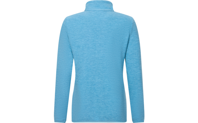 Veduta posteriore di un maglione azzurro chiaro a maniche lunghe con collo alto su sfondo bianco