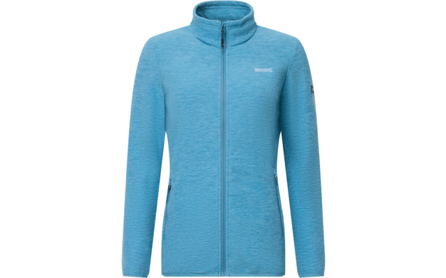 Giacca con cerniera intera azzurro melange, collo alto, maniche lunghe, due tasche laterali con zip, piccolo logo bianco sul petto e toppa rettangolare sulla manica