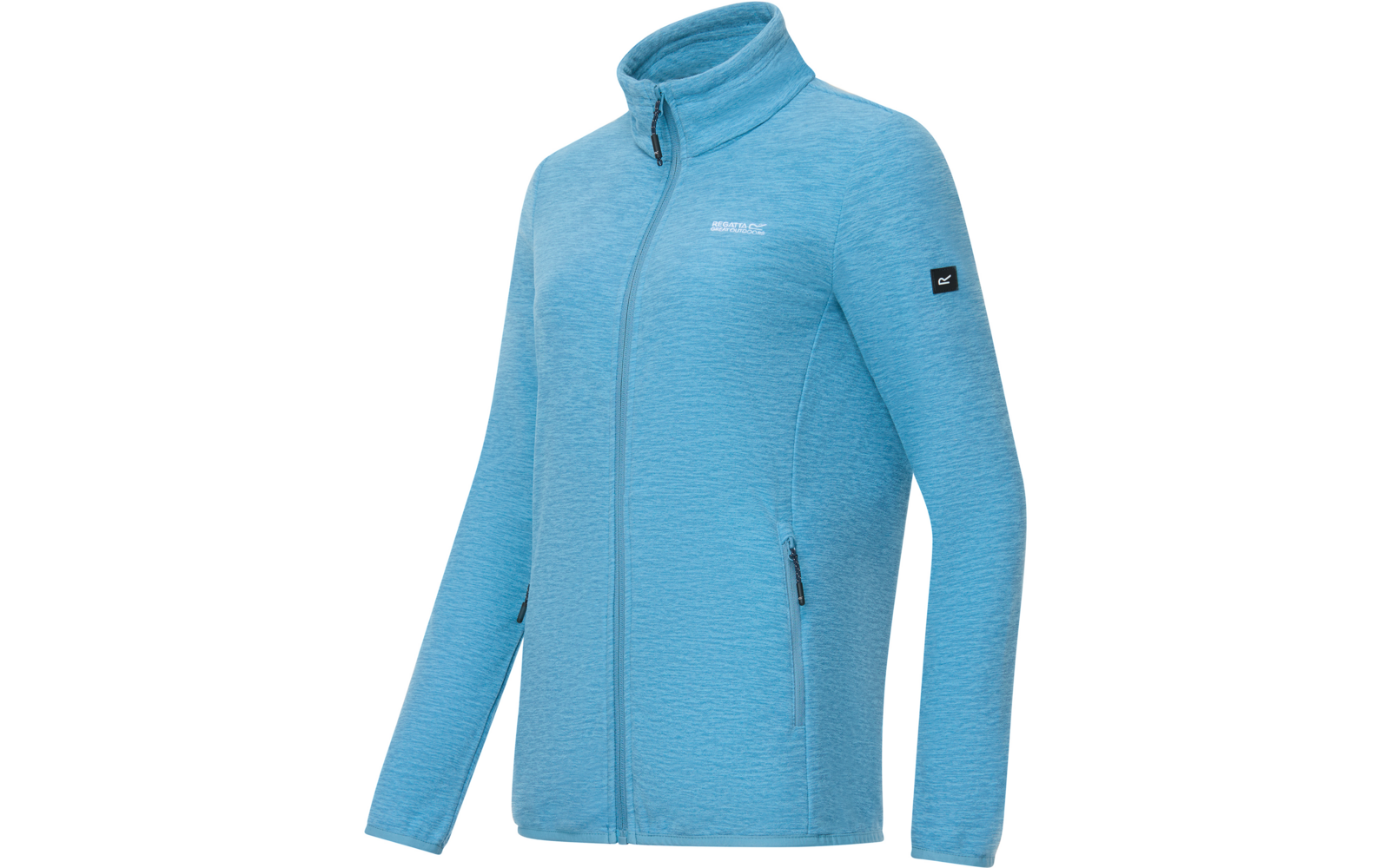 Giacca in pile azzurro chiaro a maniche lunghe con collo alto, cerniera frontale completa, due tasche laterali con zip, tessuto dalla texture sottile, piccolo logo bianco sul petto e piccolo distintivo nero sulla manica