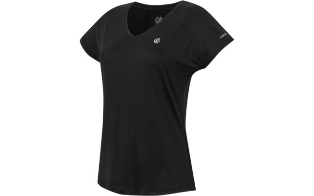 Schwarzes T-Shirt mit V-Ausschnitt, kurzen Ärmeln, kleinem weißen Logo auf linker Brust und weißem Schriftzug auf linkem Ärmel