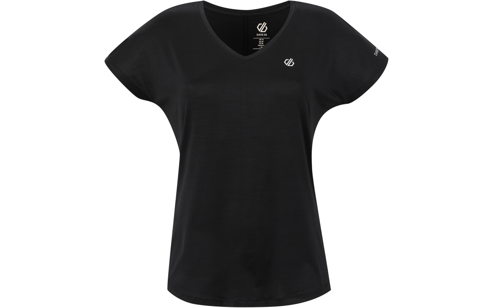 Schwarzes kurzärmliges T-Shirt mit V-Ausschnitt, kleinem weißen Logo auf der linken Brust und sichtbarem Etikett im Kragen