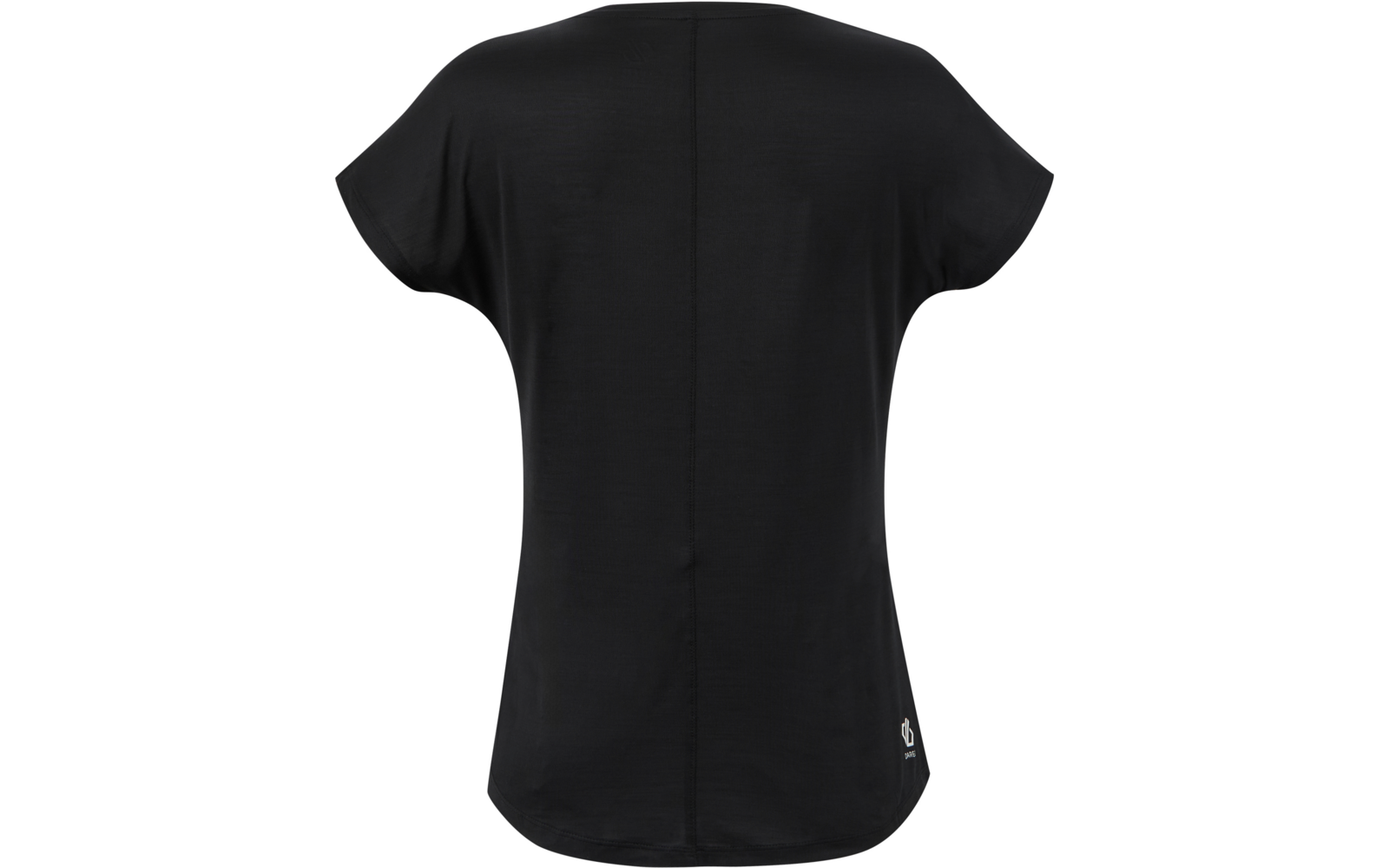 Rückansicht eines schwarzen T-Shirts mit kurzen Ärmeln, vertikaler Mittelnaht, rundem Saum und kleinem weißen Logo unten rechts