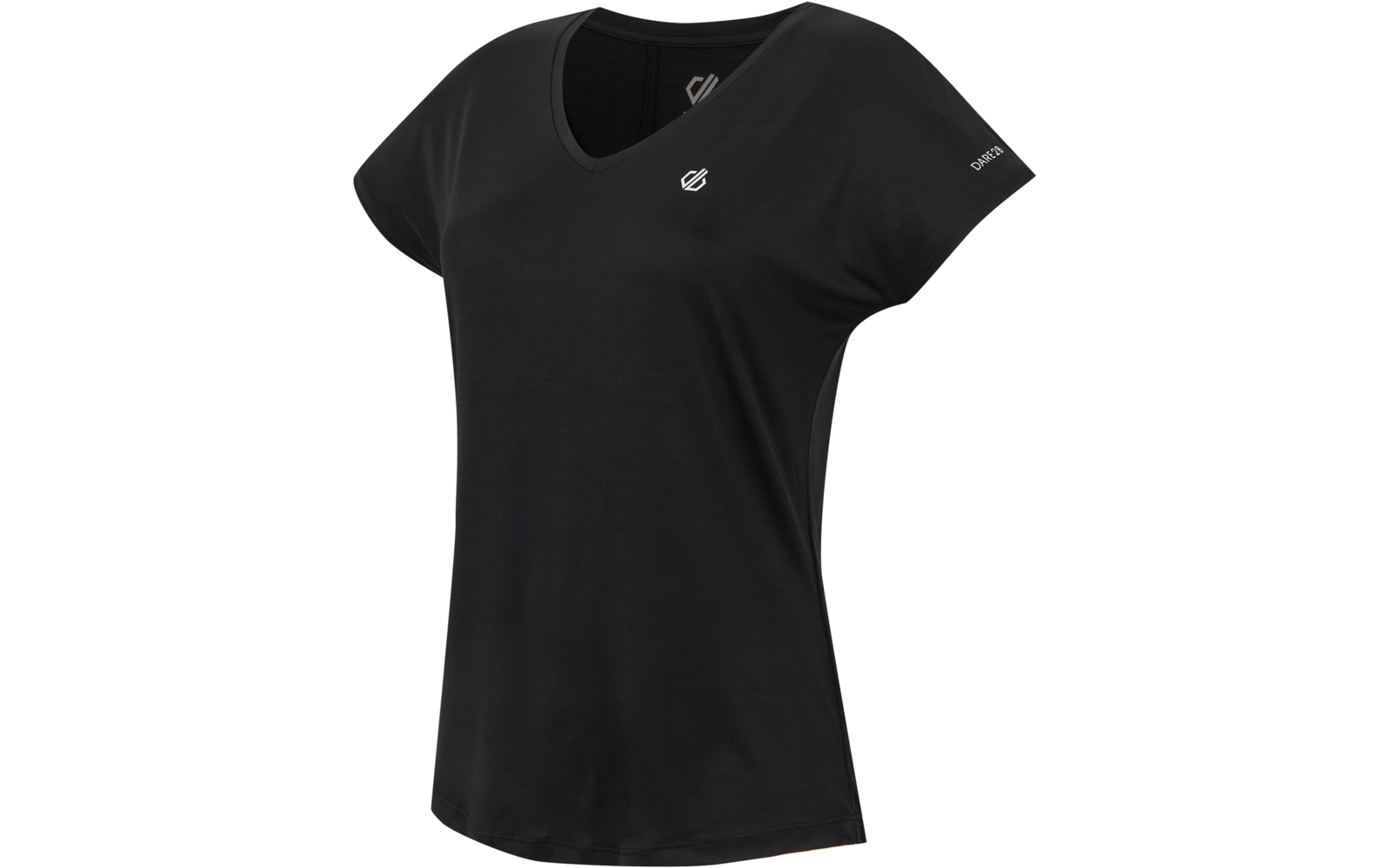 Schwarzes T-Shirt mit V-Ausschnitt, kurzen Ärmeln, kleinem weißen Logo auf linker Brust und weißem Schriftzug auf linkem Ärmel