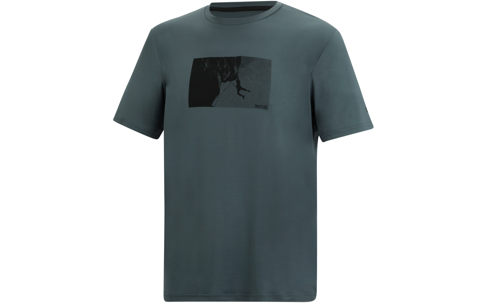 Dunkelgrünes kurzärmeliges T‑Shirt mit rundem Halsausschnitt. Vorne mittig ein rechteckiger dunkler Aufdruck mit der Silhouette einer Person an einer senkrechten Felswand