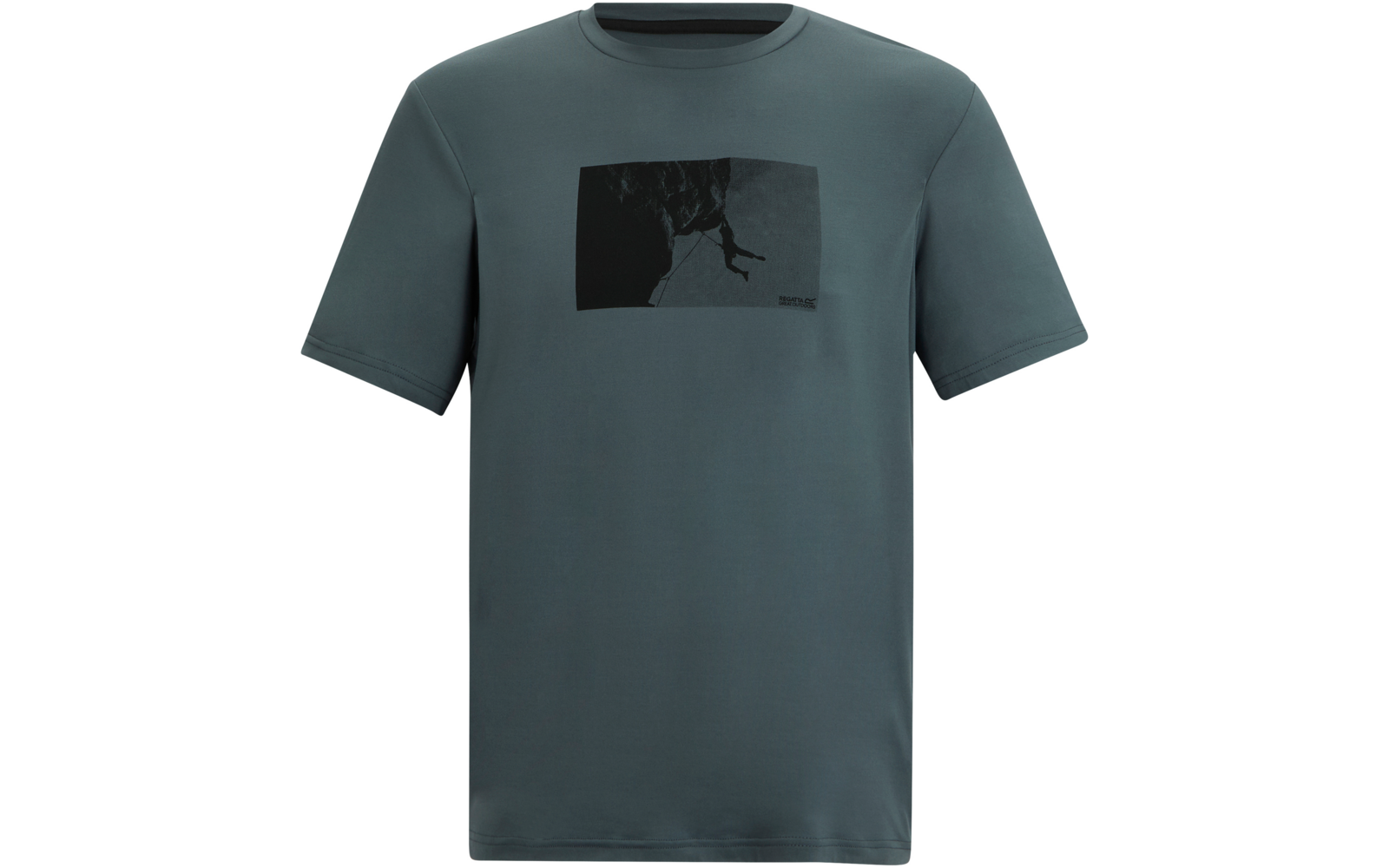 Grün-graues kurzärmeliges T‑Shirt mit Rundhalsausschnitt und schwarzem rechteckigem Druck mit dunklen, unregelmäßigen Formen auf der Brust