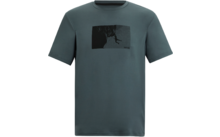 Grün-graues kurzärmeliges T‑Shirt mit Rundhalsausschnitt und schwarzem rechteckigem Druck mit dunklen, unregelmäßigen Formen auf der Brust