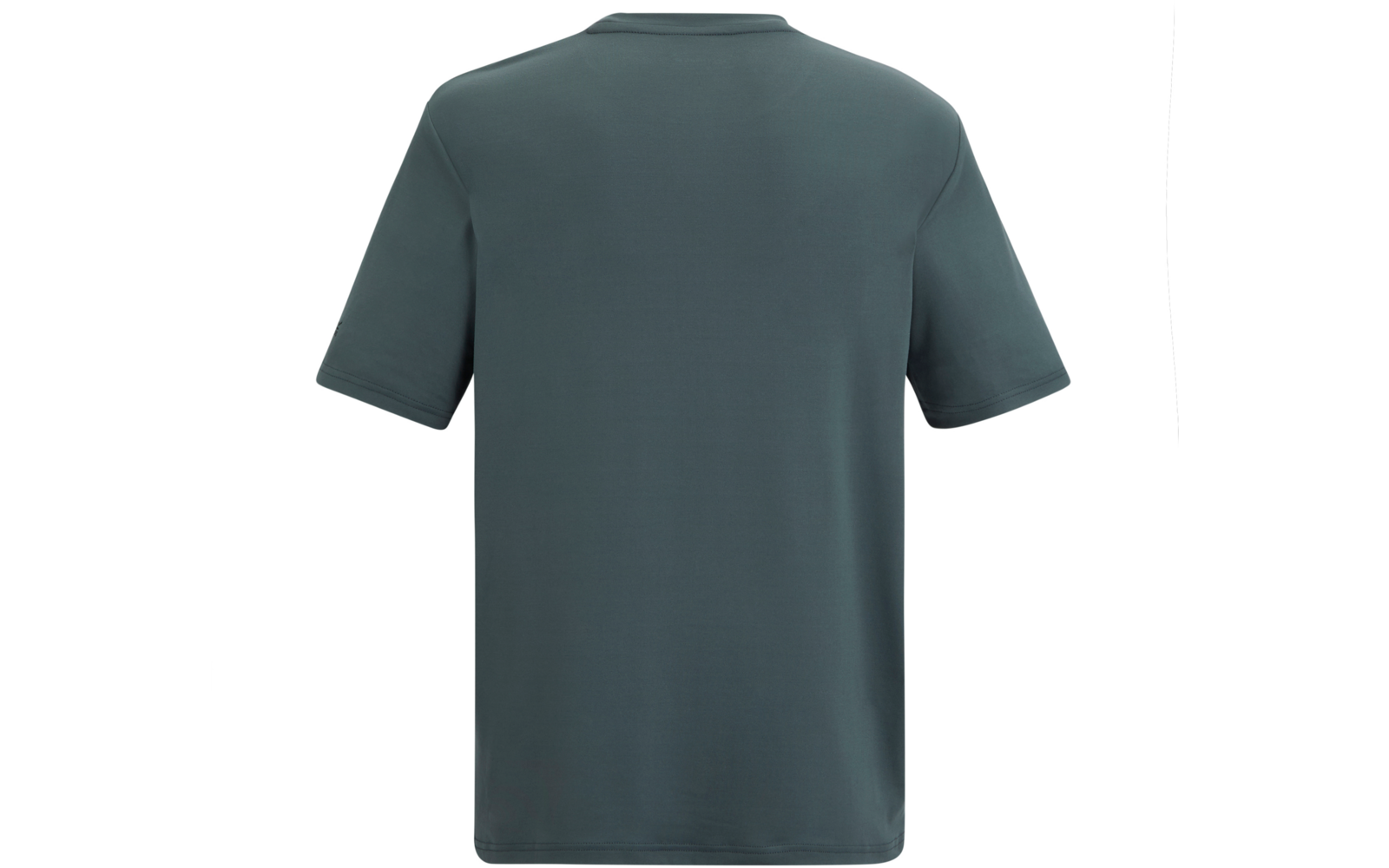 Rückansicht eines einfarbigen dunkelgrünen kurzärmligen T-Shirts auf weißem Hintergrund