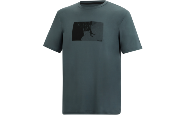 Dunkelgrünes kurzärmeliges T‑Shirt mit rundem Halsausschnitt. Vorne mittig ein rechteckiger dunkler Aufdruck mit der Silhouette einer Person an einer senkrechten Felswand