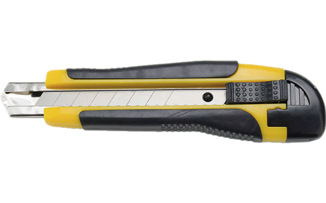 Gelb-schwarzes Cuttermesser mit teilweise herausgeschobener, segmentierter Metallklinge
