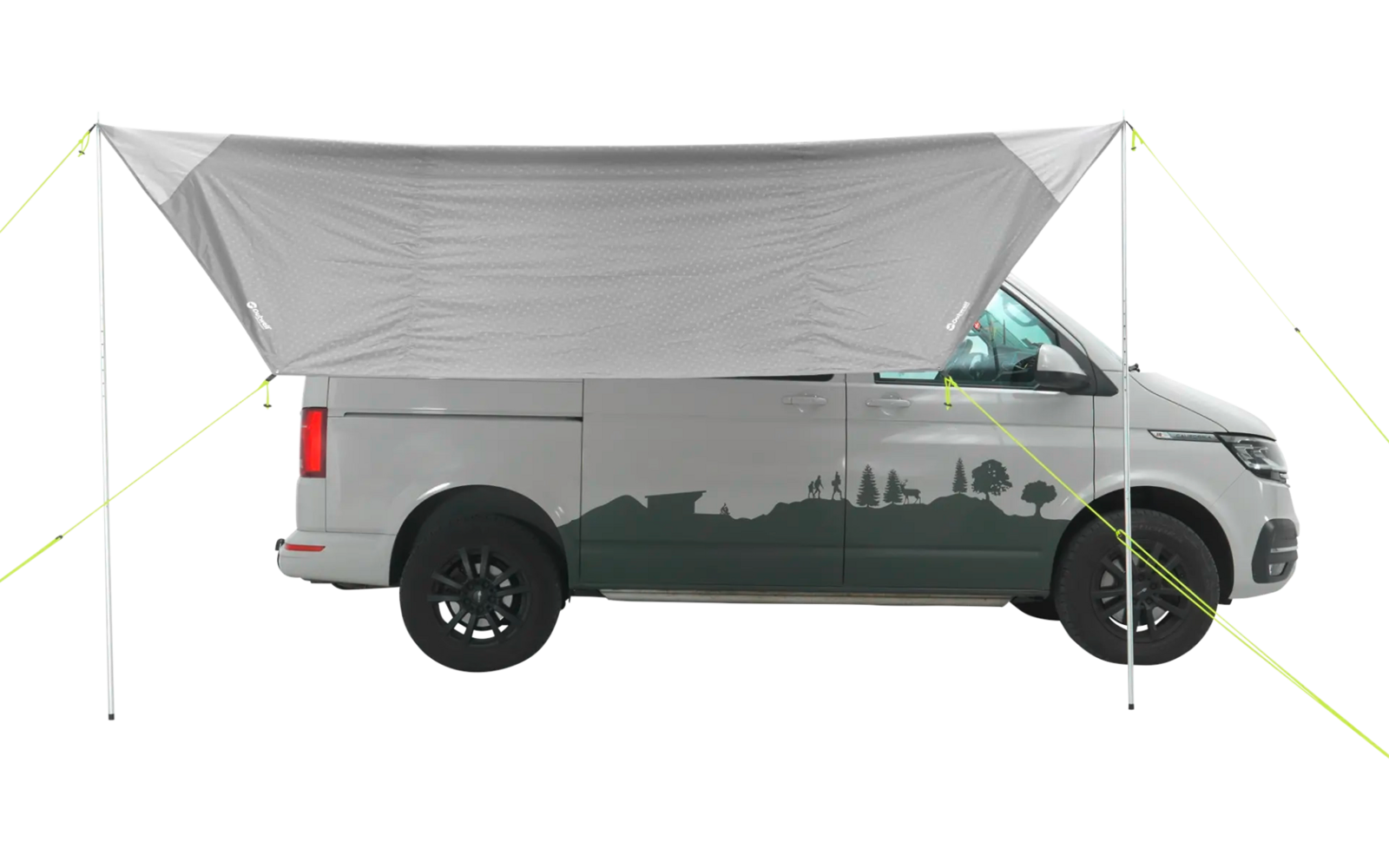 Kleines grau-grünes Auto mit transparentem Dach und gelben Seilen