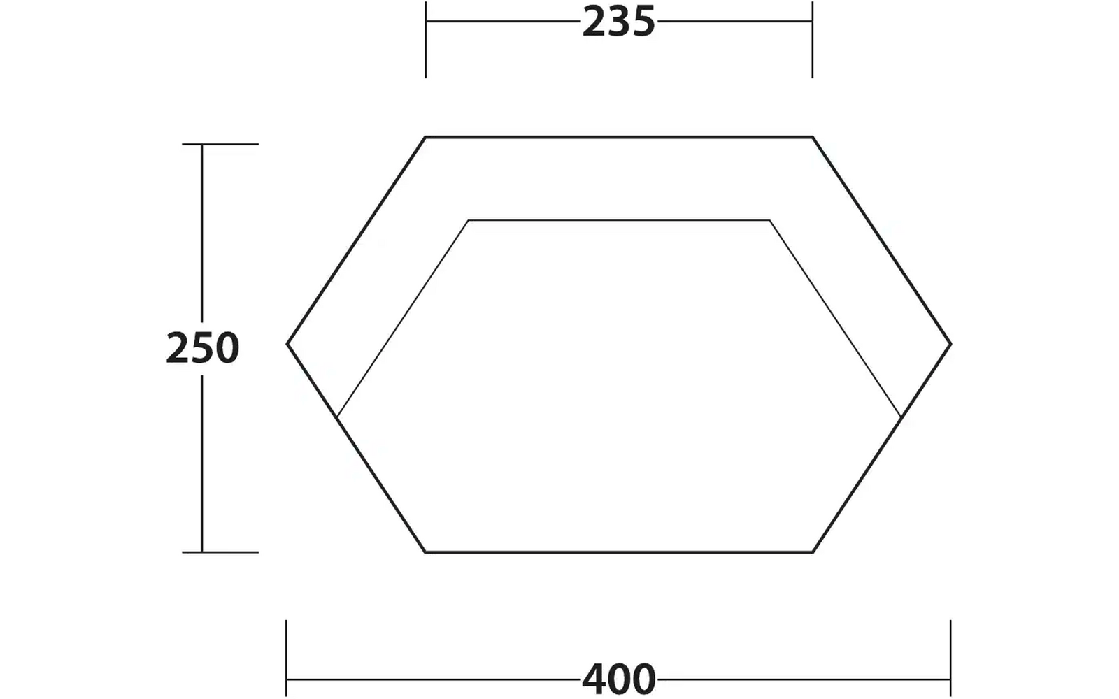 Technische Zeichnung eines sechseckigen Objekts mit Abmessungen in Millimetern