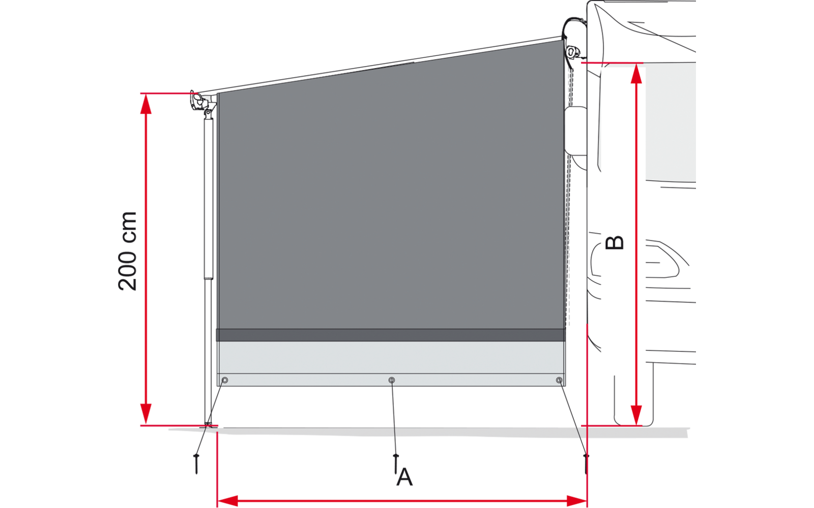 Seitenansicht eines Wohnmobils mit einem grauen rechteckigen Tuch an der Fahrzeugseite, zwei vertikalen Stützstangen, einem unteren Querstab, roten Maßpfeilen mit '200 cm' und '250 cm' sowie einem kleinen Männchensymbol