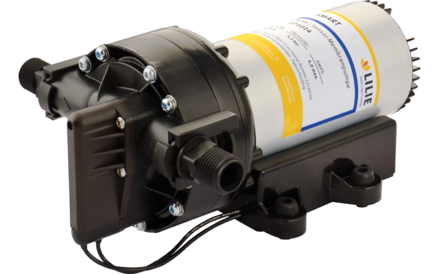 Weißer zylindrischer Behälter mit aufgesetztem schwarzem Kunststoffgehäuse, zwei Rohranschlüssen, sichtbaren Schrauben, Kabel und schwarzer Montageplatte