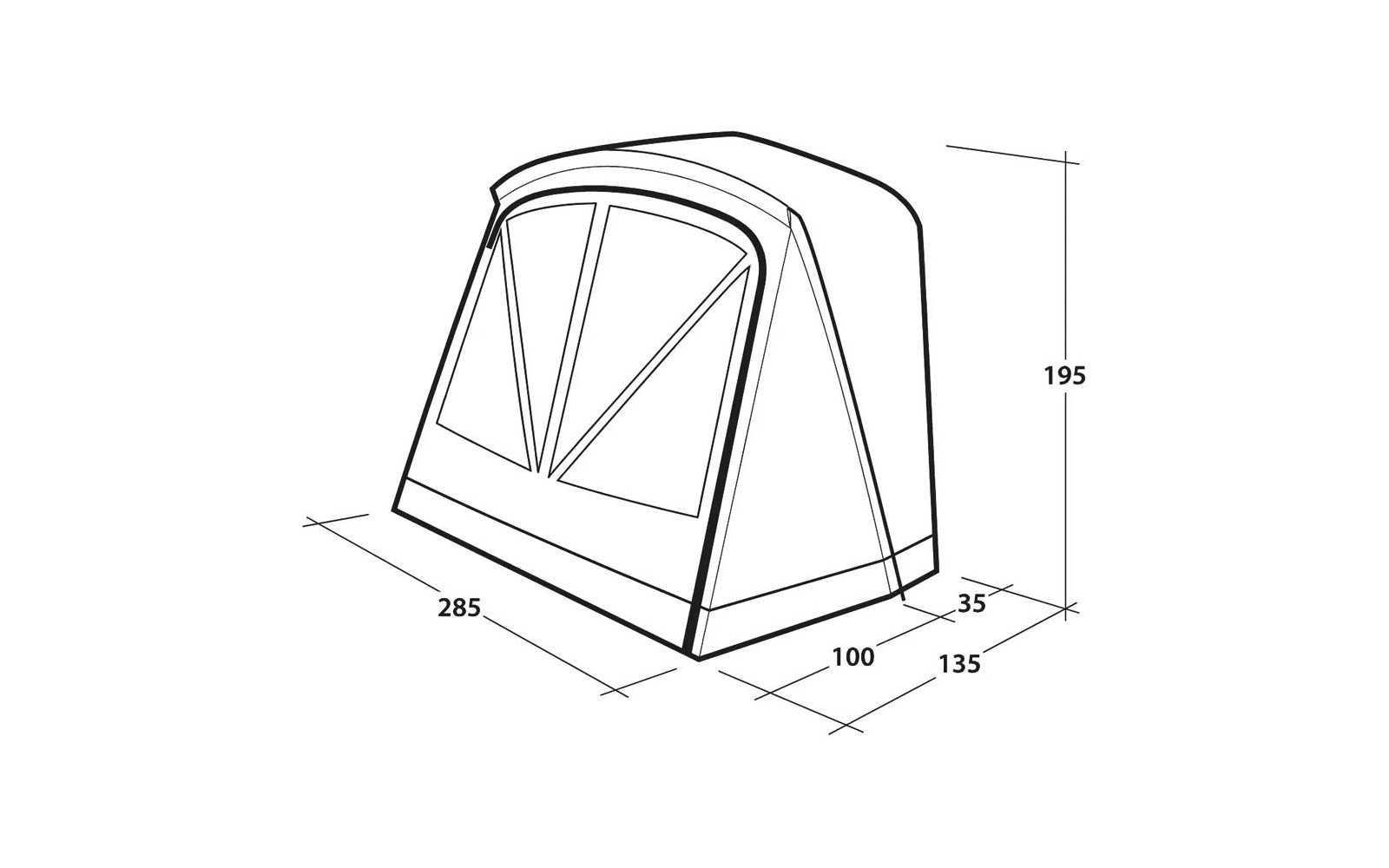Disegno tecnico in bianco e nero di una struttura curva con un pannello frontale diviso in tre segmenti triangolari da sbarre oblique; base rettangolare; linee di misura e numeri '285', '195', '100', '35', '135'