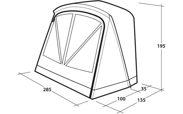 Disegno tecnico in bianco e nero di una struttura curva con un pannello frontale diviso in tre segmenti triangolari da sbarre oblique; base rettangolare; linee di misura e numeri '285', '195', '100', '35', '135'