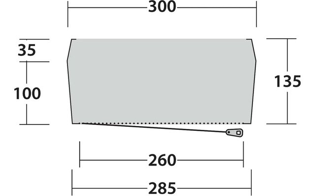 Pannello piatto trapezoidale grigio con cerniera sul bordo inferiore e cursore a destra; misure visibili: 300 in alto, 285 e 260 in basso, 35 e 100 a sinistra, 135 a destra