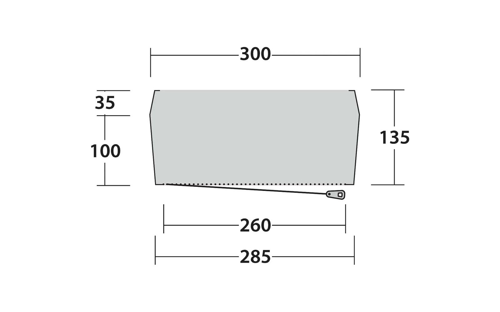 Pannello piatto trapezoidale grigio con cerniera sul bordo inferiore e cursore a destra; misure visibili: 300 in alto, 285 e 260 in basso, 35 e 100 a sinistra, 135 a destra