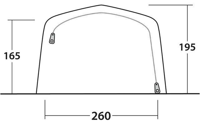Contorno di una copertura curva con base dritta e parte superiore arrotondata, linea della cerniera tratteggiata dall'alto a sinistra al basso a destra con due cursori; dimensioni: 260 sotto, 165 a sinistra, 195 a destra