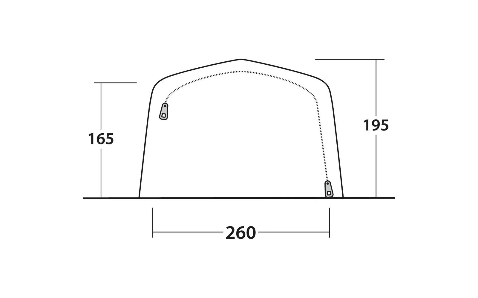 Contorno di una copertura curva con base dritta e parte superiore arrotondata, linea della cerniera tratteggiata dall'alto a sinistra al basso a destra con due cursori; dimensioni: 260 sotto, 165 a sinistra, 195 a destra