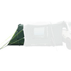 Tendalino gonfiabile verde scuro con tettuccio triangolare, tiranti verde fluorescente e finestra laterale rettangolare; a destra parte di un camper chiaro visibile