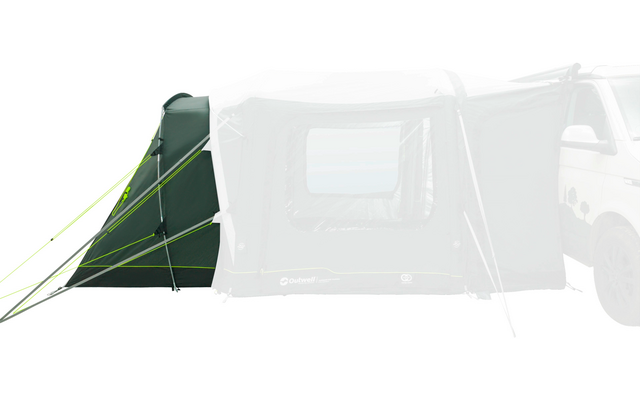 Tendalino gonfiabile verde scuro con tettuccio triangolare, tiranti verde fluorescente e finestra laterale rettangolare; a destra parte di un camper chiaro visibile