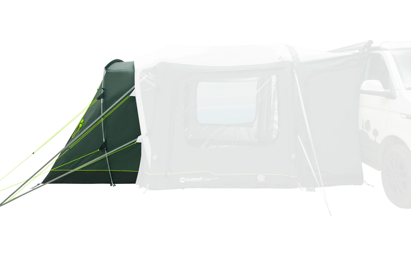 Tendalino gonfiabile verde scuro con tettuccio triangolare, tiranti verde fluorescente e finestra laterale rettangolare; a destra parte di un camper chiaro visibile