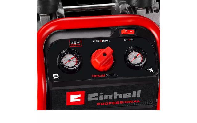 Frontplatte mit rotem Rahmen, zwei Manometern, zentralem roten Druckregler, Ein-/Aus-Schalter oben rechts, Beschriftungen '36V POWER', 'POWER X-CHANGE' und 'Einhell Professional', '8L'-Symbol