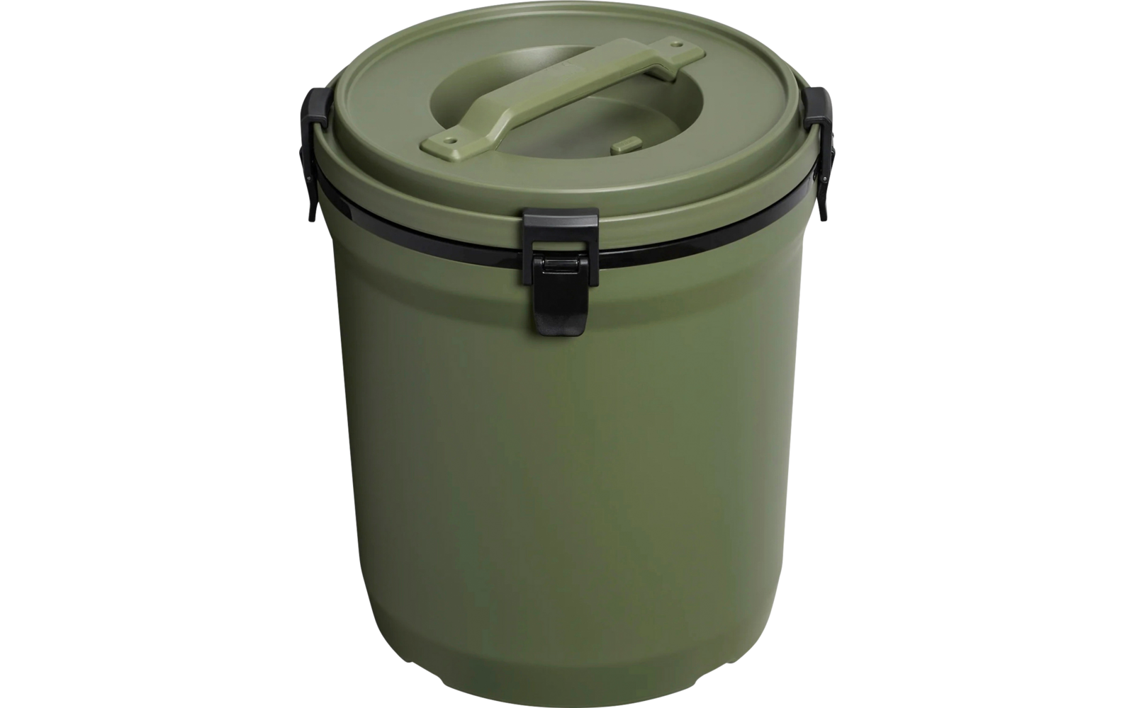 Olivgrüner zylindrischer Behälter mit rundem Deckel, Tragegriff auf dem Deckel, schwarzem Ring zwischen Deckel und Gehäuse und drei schwarzen Verschlüssen