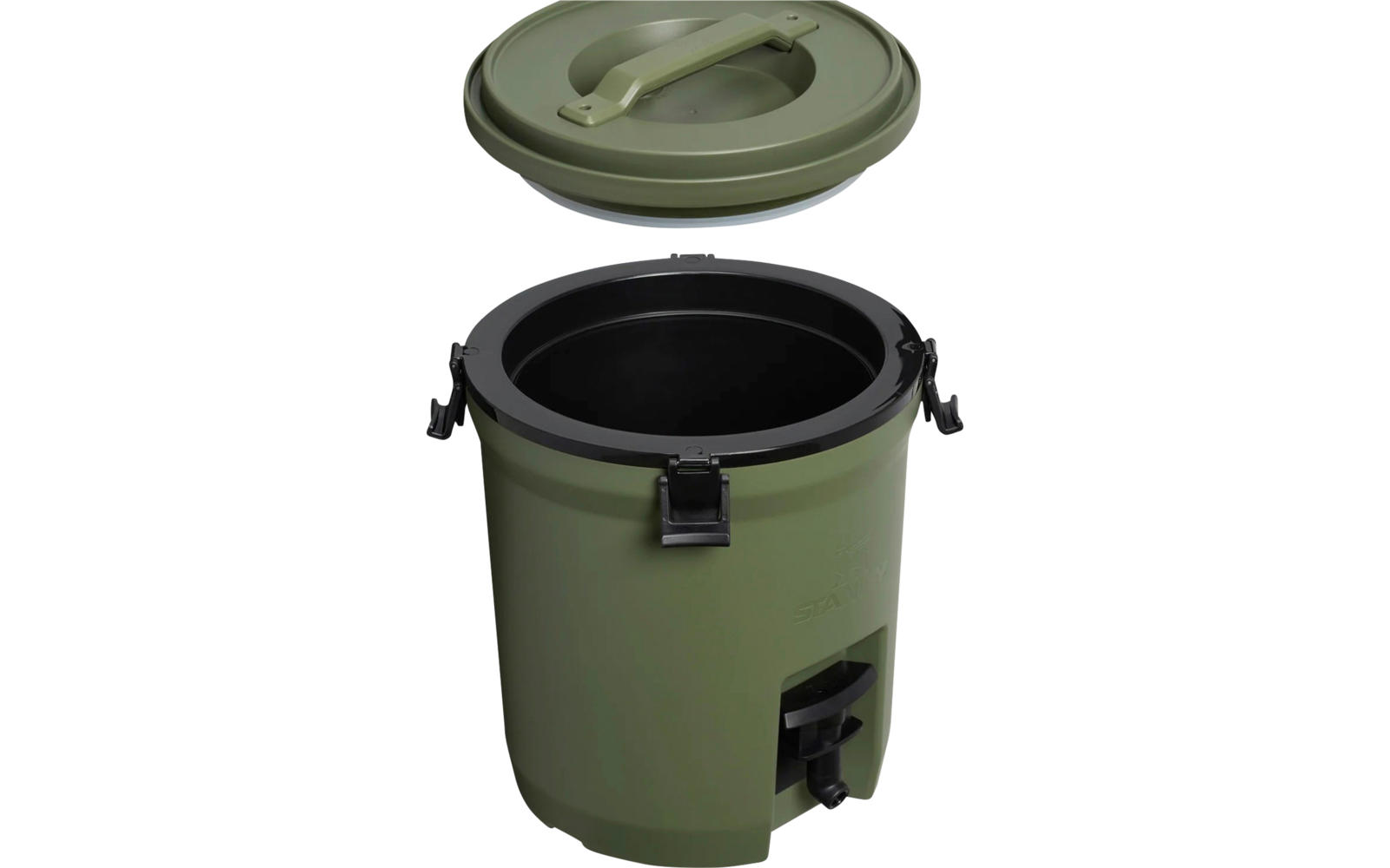 Grüner zylindrischer Behälter mit abgenommenem Deckel darüber, schwarzem Innenraum, seitlichen schwarzen Verschlüssen und vorderem schwarzen Auslaufhahn