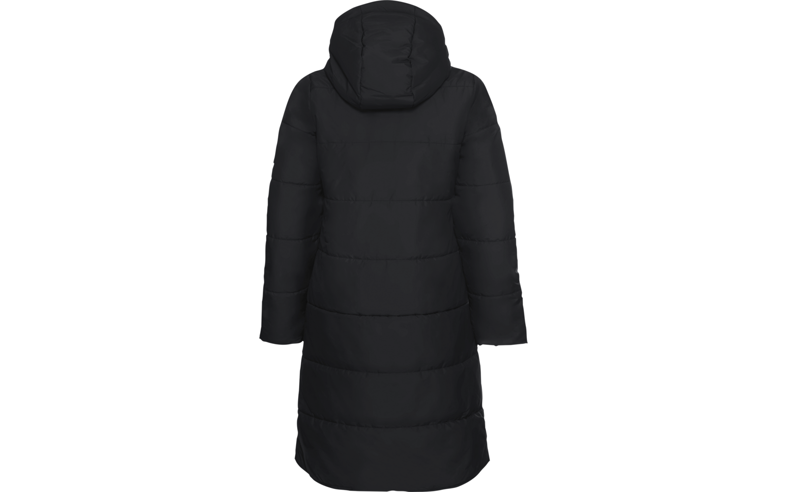 Schwarzer langer Wintermantel mit Kapuze, Rückansicht