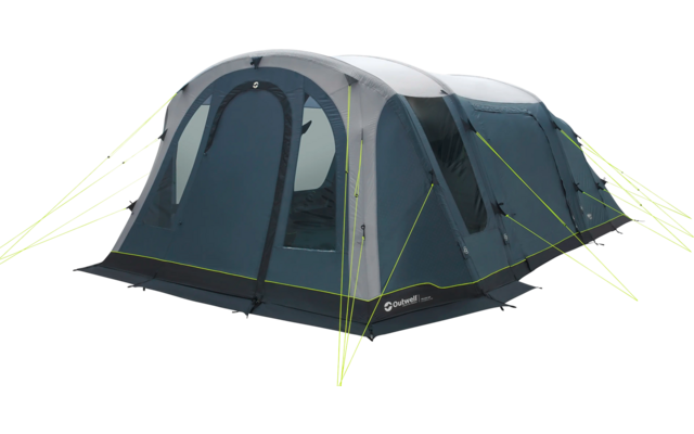 Großes graues Campingzelt mit mehreren Fenstern und abgespannten Abspannleinen